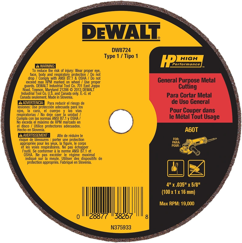 DeWALT DW8724 Die Grinder Wheel, 4 in Dia, 0.035 in Thick, 5/8 in Arbor, 60 Grit, Aluminum Oxide Abrasive
