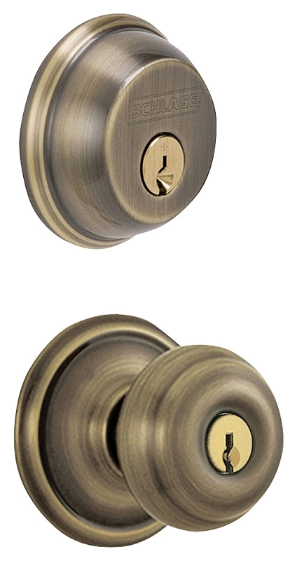 Schlage FB50NVGEO609 Deadbolt and Knobset, Mechanical Lock, Knob Handle, Round Design, Antique Brass, Yes, Grade 1 Grade