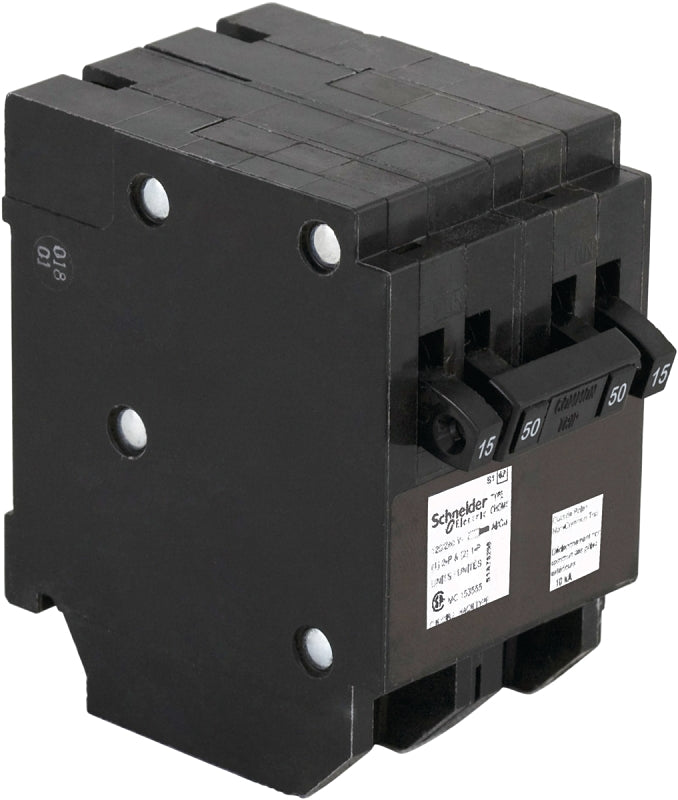Square D Homeline CHOMT1515250CP Circuit Breaker, Mini, Quad, 15, 50 A, 3 -Pole, 120/240 VAC, Common Trip, Black