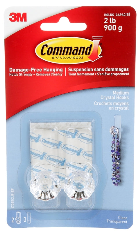 Command 17095CLR-EF Crystal Hook, 2 lb, 2-Hook, Plastic, Clear