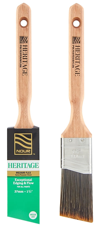 NOUR Heritage 3881-37N Angular Paint Brush, 1-1/2 in W, 2-1/2 in L Bristle, Nylon/Polyester Bristle, Sash Handle