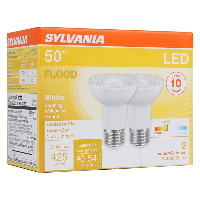 Sylvania 79279 LED Bulb, PAR20 Lamp, 50 W Equivalent, E26 Medium Lamp Base, Warm White, 3000 K Color Temp