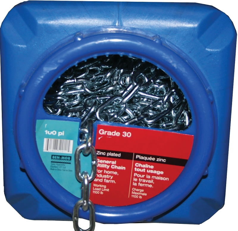 Ben-Mor 51000 Proof Coil Chain, 100 ft L, 30 Grade, Carbon Steel, Zinc