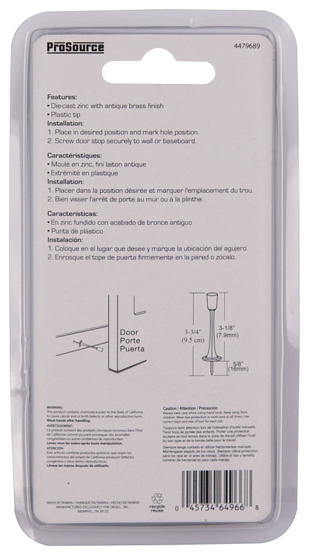 Prosource H20-Z021C-PS Heavy-Duty Rigid Door Stop, 15/16 in Dia Base, 3-1/8 in Projection, Die-Cast Zinc & Plastic