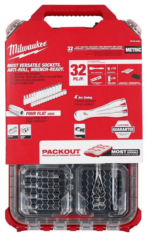 Milwaukee 48-22-9482 Metric Ratchet and Socket Set, Specifications: 3/8 in Drive