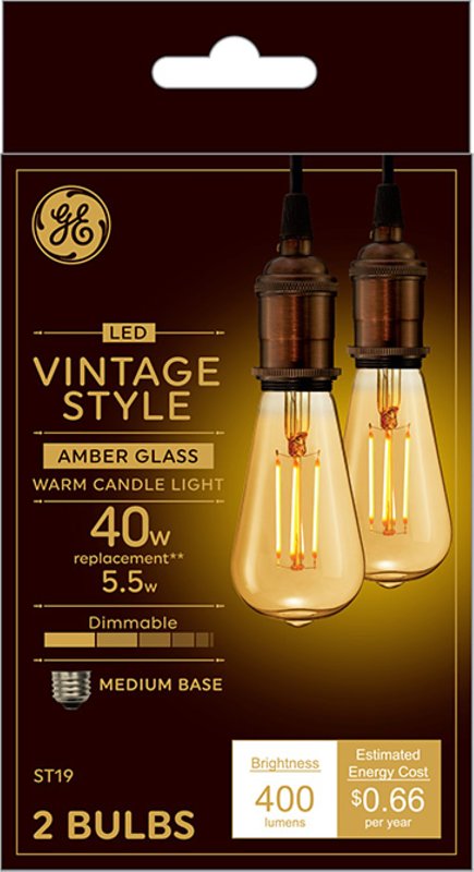 GE 42194 Light Bulb, Vintage, ST19 Lamp, 40 W Equivalent, Medium (E26) Lamp Base, Dimmable, Amber, Warm White Light
