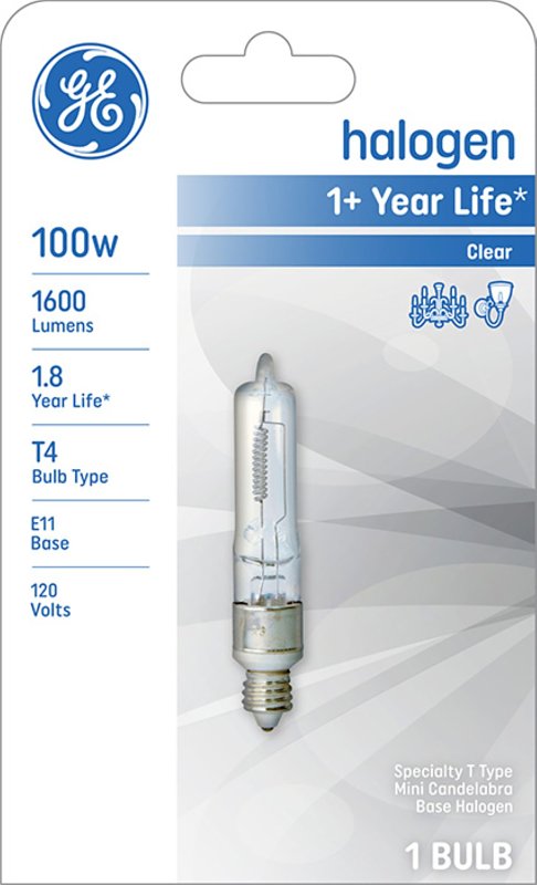 GE 19383 Halogen Bulb, 100 W, E11 Candelabra Lamp Base, T4 Lamp, White Light, 1600 Lumens, 2800 K Color Temp