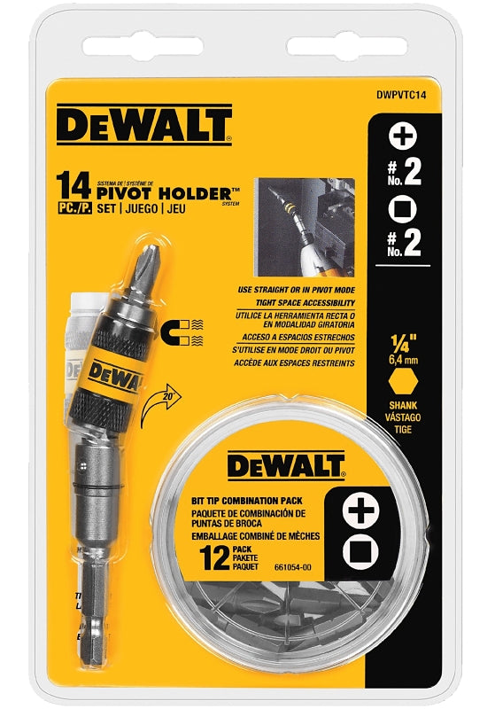 DeWALT DWPVTC14 Pivot Holder Set, #2 Drive, Phillips/Square Drive, 1/4 in Shank, Hex Shank, Stainless Steel