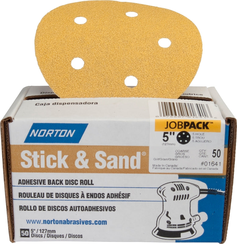 Norton Stick & Sand Series 07660701643 Sanding Disc, 5 in Dia, Coated, 100 Grit, Medium, Aluminum Oxide Abrasive
