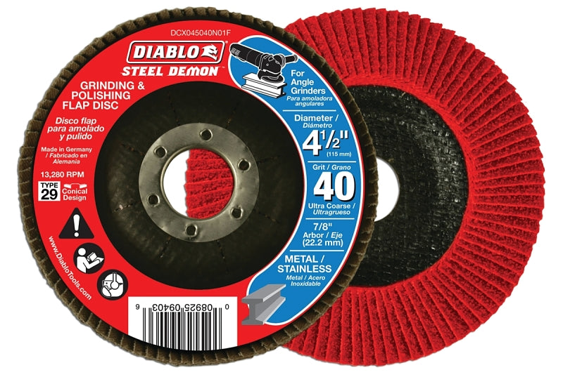 Diablo Steel Demon DCX045040N01F Flap Disc, 4-1/2 in Dia, 7/8 in Arbor, 40 Grit, Ultra Coarse