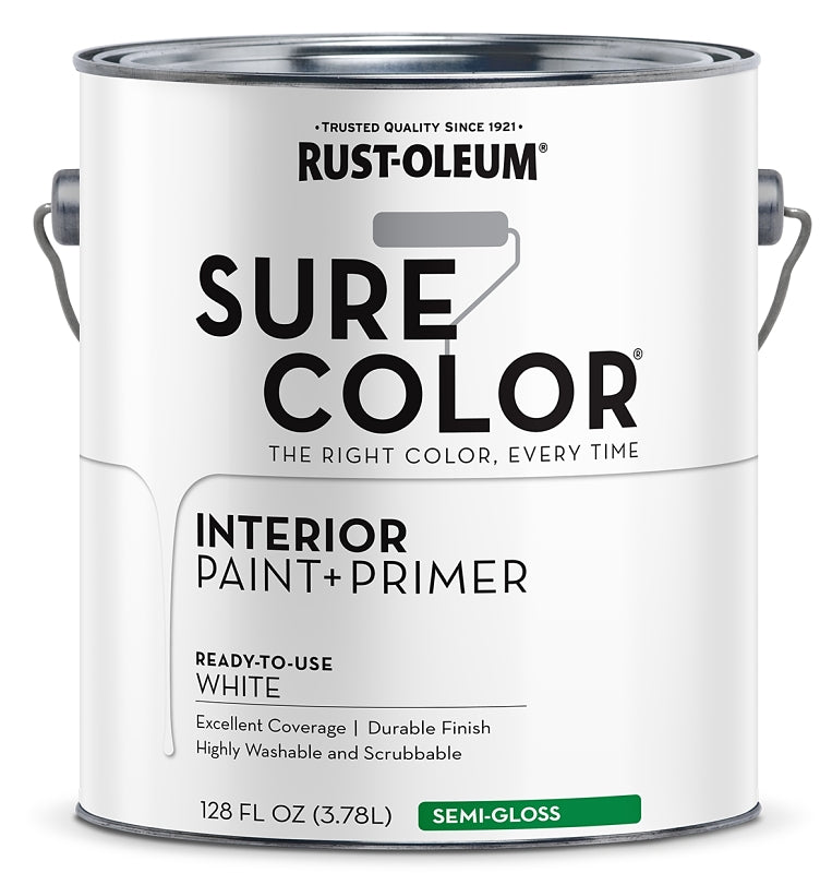 Rust-Oleum Sure Color 380227 Interior Wall Paint, Semi-Gloss, White, 1 gal, Can, 400 sq-ft Coverage Area