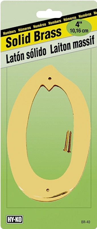 Hy-Ko BR-40/0 House Number, Character: 0, 4 in H Character, 2-1/2 in W Character, Brass Character, Solid Brass