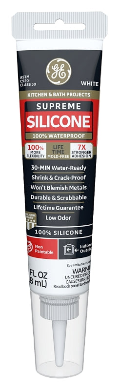 GE Supreme M90011 Silicone Caulk, White, -60 to 400 deg F, 2.8 oz Squeeze Tube