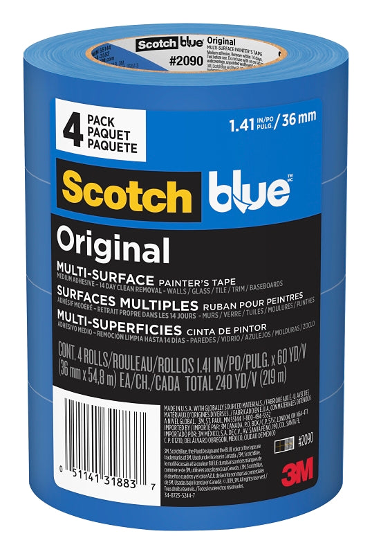 ScotchBlue 2090-36EVP Painter's Tape, 60 yd L, 1.41 in W, Crepe Paper Backing, Blue
