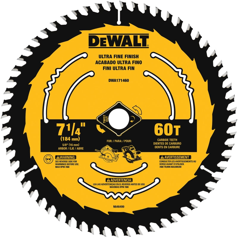 DeWALT DWA171460B10 Circular Saw Blade, 7-1/4 in Dia, 5/8 in Arbor, 60-Teeth