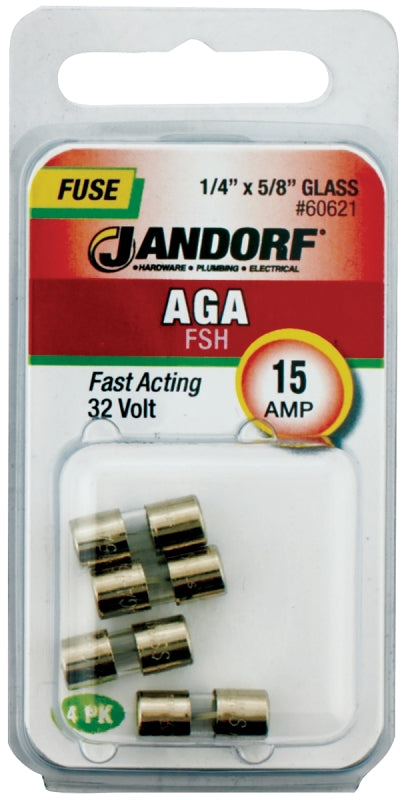 Jandorf 60621 Fast Acting Fuse, 15 A, 32 V, 1 kA Interrupt, Glass Body