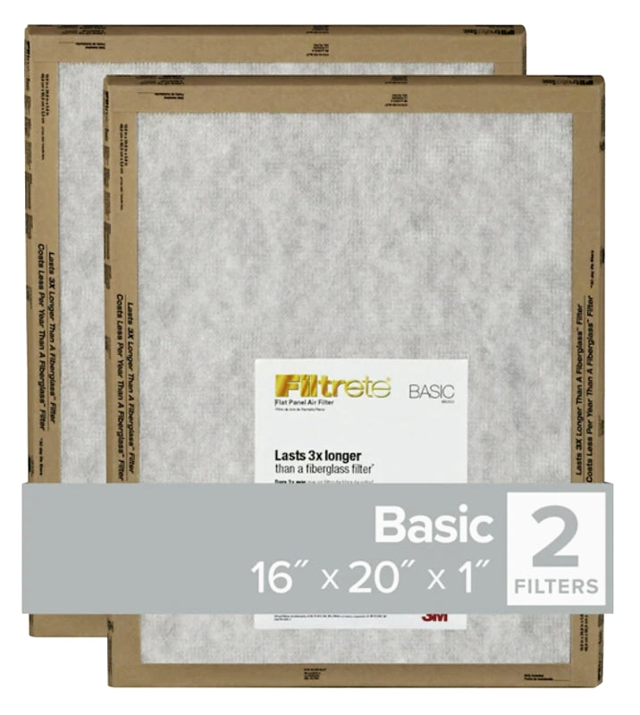 Filtrete FPL00-2PK-24 Flat Panel Air Filter, 20 in L, 16 in W, 2 MERV, For: Air Conditioner, Furnace and HVAC System