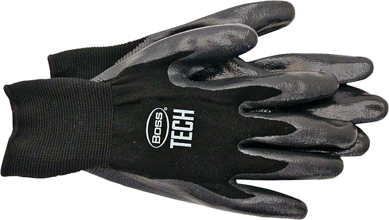 Boss TECH 7820L Gloves, L, Knit Wrist Cuff, Foam-Nitrile Coating, Nylon Glove, Black