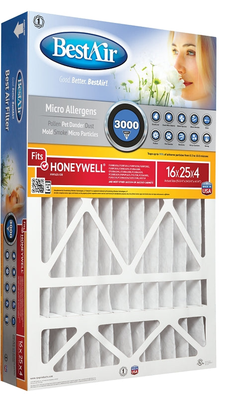 BestAir HW1625-13R Air Cleaning Furnace Filter, 16 in L, 25 in W, 13 MERV, 1500 to 1900 MPR, Cardboard Frame