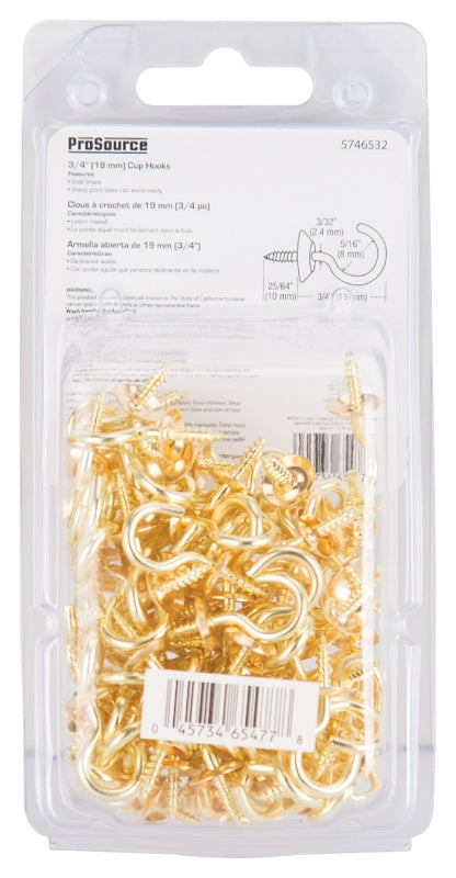 ProSource Cup Hook, 5/16 in Opening, 3 mm Thread, 1-1/8 in L, Brass, Brass