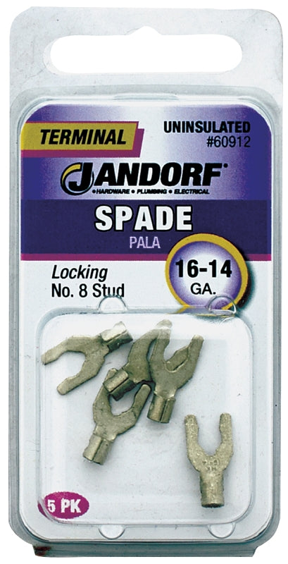Jandorf 60912 Spade Terminal, 600 V, 16 to 14 AWG Wire, #8 Stud, Copper Contact