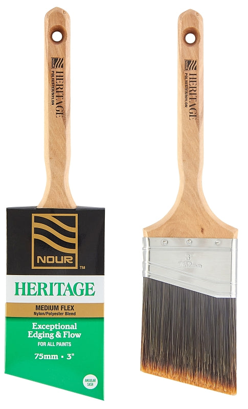 NOUR Heritage 3881-75N Angular Paint Brush, 3 in W, 3-1/4 in L Bristle, Nylon/Polyester Bristle, Sash Handle