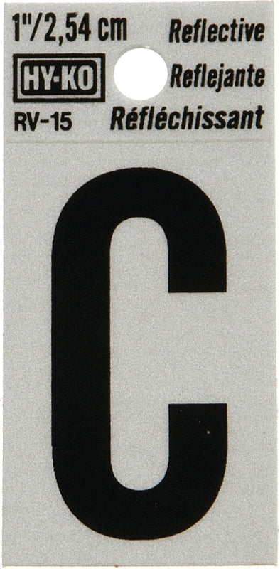 Hy-Ko RV-15/C Reflective Letter, Character: C, 1 in H Character, Black Character, Silver Background, Vinyl
