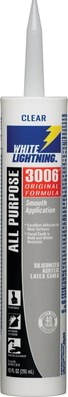 White Lightning W12001010 Adhesive Caulk, Clear, 5 to 7 days Curing, 40 deg F, 10 fl-oz, Cartridge