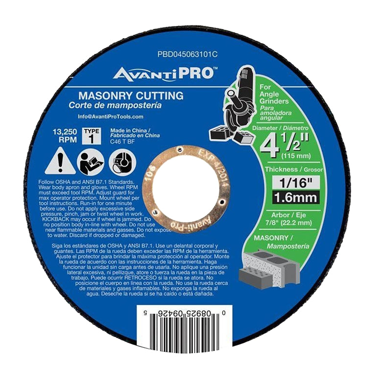 Avanti Pro PBD045063101C Cut-Off Wheel, 4-1/2 in Dia, 1/16 in Thick, 7/8 in Arbor