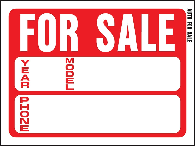 Hy-Ko 20605 Sign, For Sale (Auto), White Legend, Plastic, 12 in W x 8-1/2 in H Dimensions