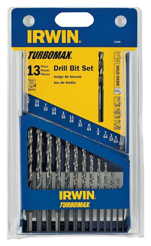 Irwin 73136 Drill Bit Set, Fractional, 13-Piece, M2 Steel, Black/Gold Oxide