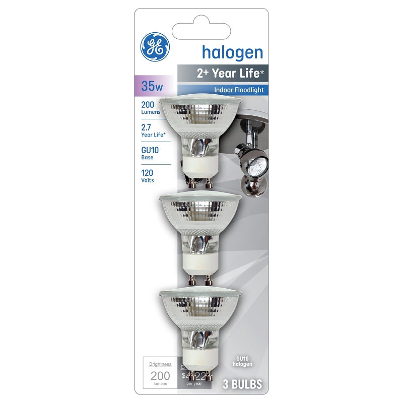 GE 61142 Halogen Bulb, 35 W, GU10 Lamp Base, MR16 Lamp, 200 Lumens, 2650 K Color Temp, 3000 hr Average Life