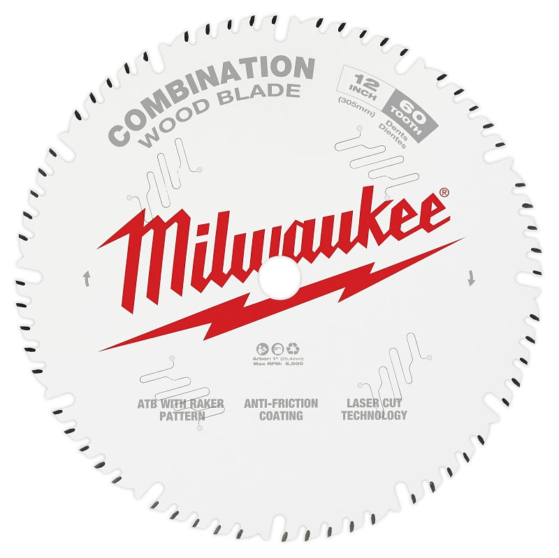 Milwaukee 48-40-1222 Circular Saw Blade, 12 in Dia, 1 in Arbor, 60-Teeth, Carbide Cutting Edge