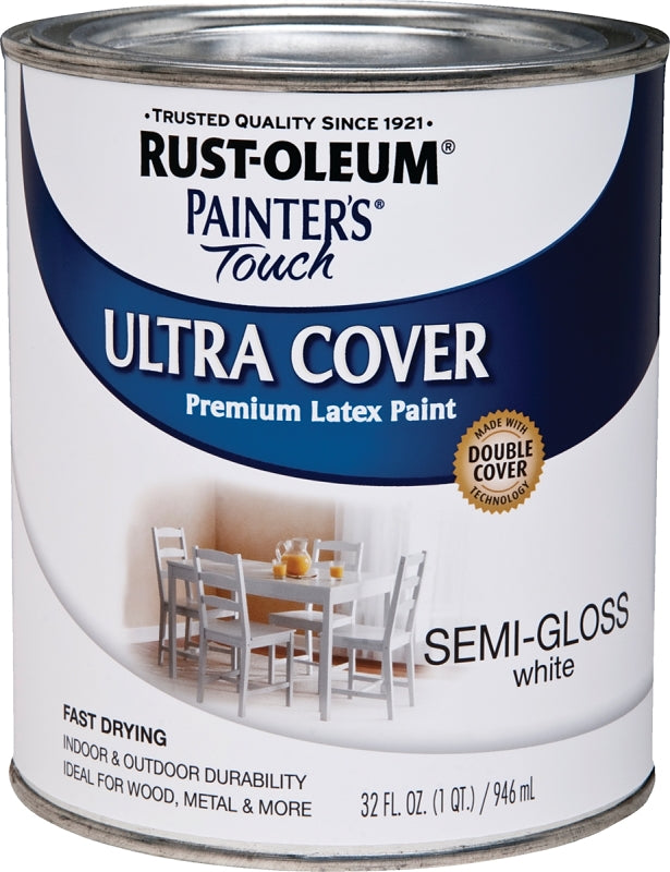 Painter's Touch Ultra Cover 1993502 Enamel Paint, Water Base, Semi-Gloss Sheen, White, 1 qt, Can