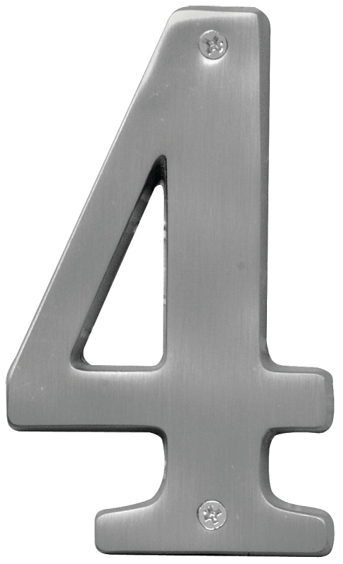 Hy-Ko Prestige Series BR-51SN/4 House Number, Character: 4, 5 in H Character, Nickel Character, Brass