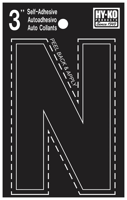 Hy-Ko 30400 Series 30424 Die-Cut Letter, Character: N, 3 in H Character, Black Character, Vinyl