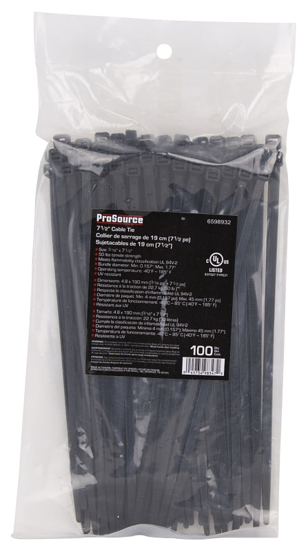 ProSource CV190W-1003L Cable Tie, 45 mm Max Bundle Dia, Self-Lock Locking, Nylon, Black
