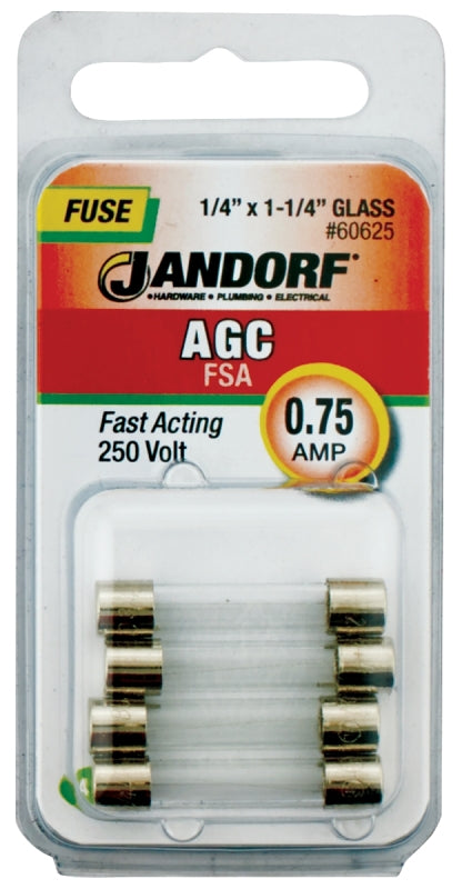 Jandorf 60625 Fast Acting Fuse, 0.75 A, 250 V, 35 A, 10 kA Interrupt, Glass Body
