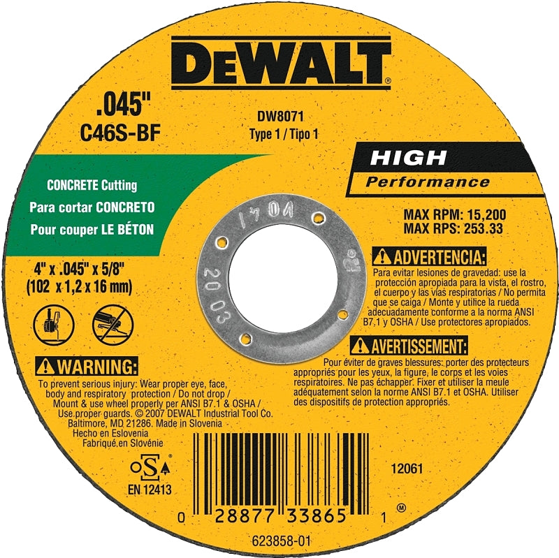 DeWALT DW8071 Cutting Wheel, 4 in Dia, 0.045 in Thick, 5/8 in Arbor, Medium, Silicone Carbide Abrasive