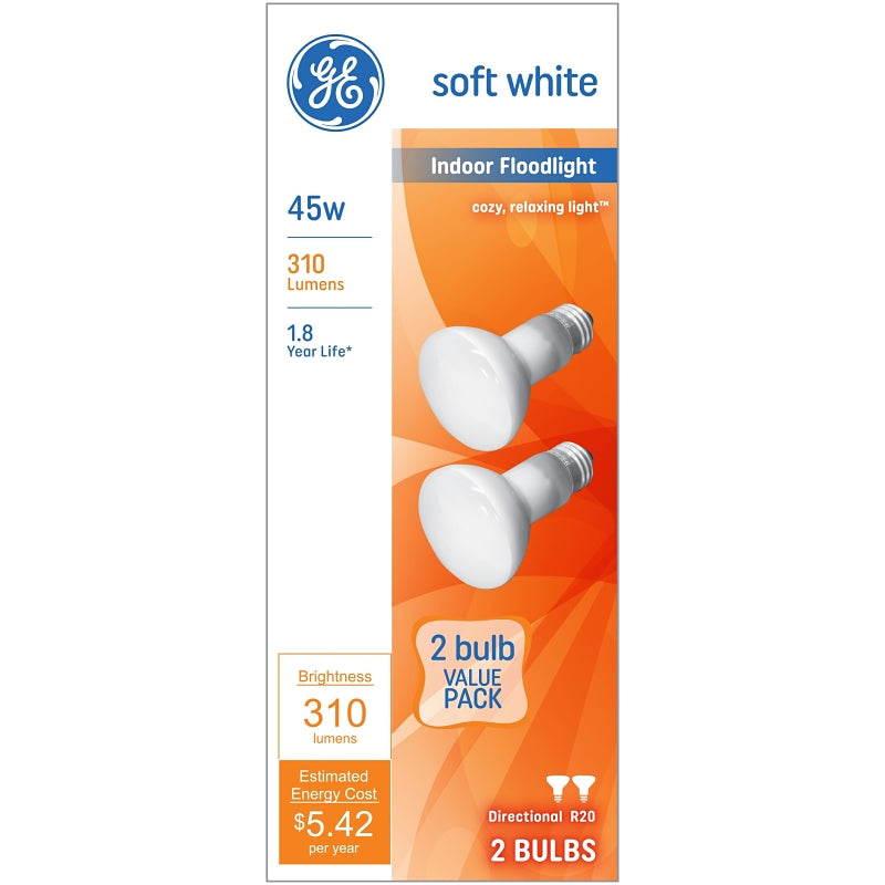 GE 18279 Light Bulb, 45 W, R20 Lamp, E26 Medium Lamp Base, 310 Lumens, 2600 K Color Temp, Soft White Light
