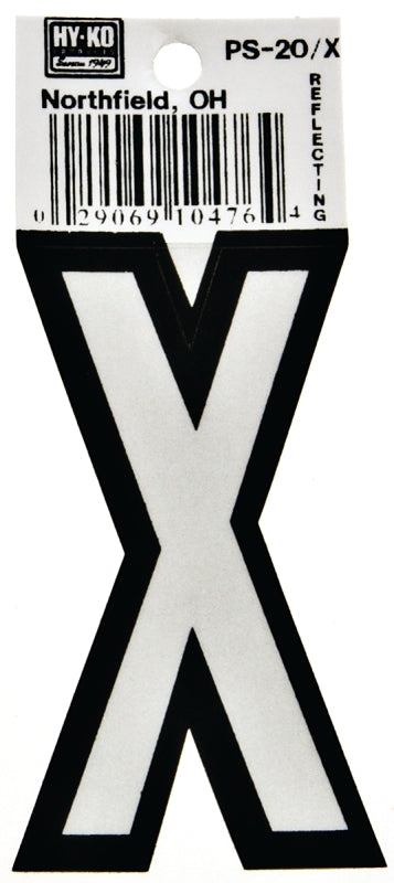 Hy-Ko PS-20/X Reflective Letter, Character: X, 3-1/4 in H Character, Black/White Character, Vinyl
