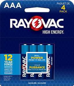 Rayovac 824-4J Battery, 1.5 V Battery, AAA Battery, Alkaline, Blue