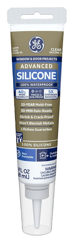 GE Silicone II GE500 Window and Door Caulk, Clear, -55 to 400 deg F, 2.8 oz Tube
