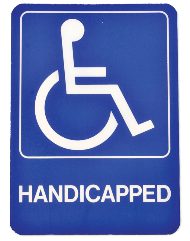 Hy-Ko D-17 Graphic Sign, Rectangular, HANDICAPPED, White Legend, Blue Background, Plastic, 5 in W x 7 in H Dimensions