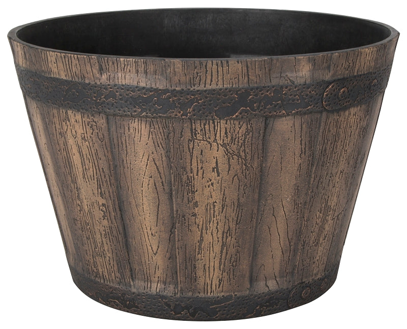Landscapers Select Barrel Planter, 14-3/4 in Dia, Round, Whiskey Barrel Design, Resin, Weathered Oak