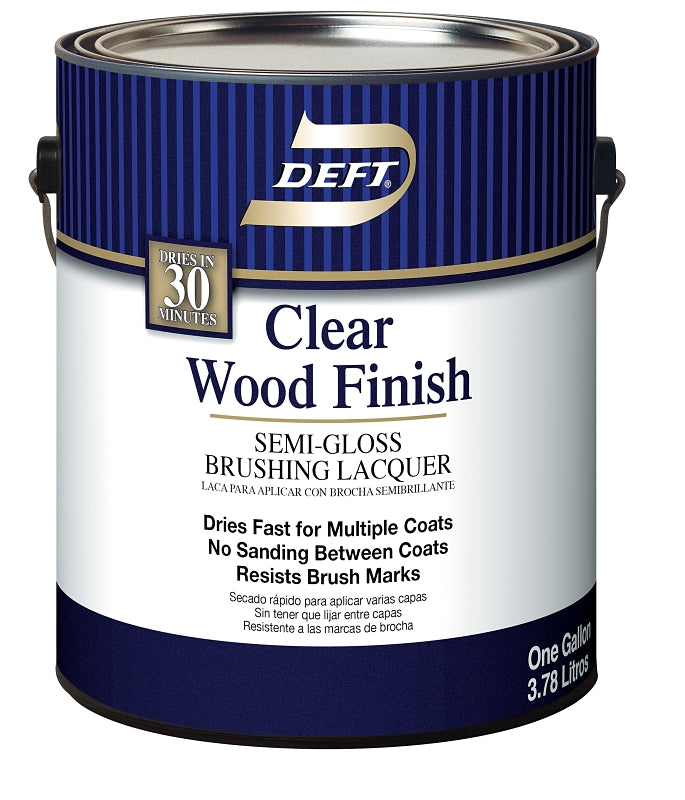 Deft 011-01 Brushing Lacquer, Semi-Gloss, Liquid, Clear, 1 gal, Can