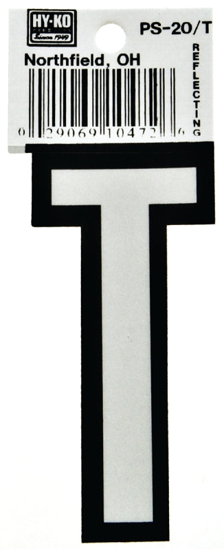 Hy-Ko PS-20/T Reflective Letter, Character: T, 3-1/4 in H Character, Black/White Character, Vinyl