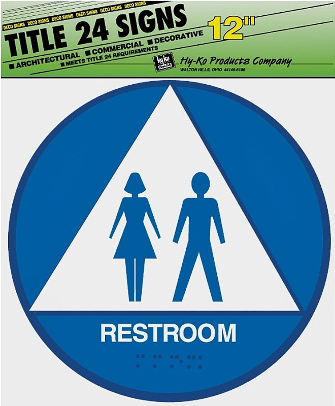 Hy-Ko T-24U Graphic Sign, Round, Triangle, REST ROOM, White Legend, Blue/White Background, Plastic