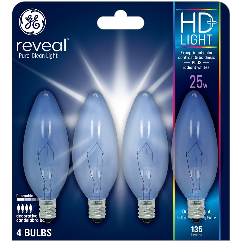 GE Reveal HD+ 74034 Light Bulb, 25 W, B10 Lamp, Candelabra (E12) Lamp Base, 1500 hr Average Life