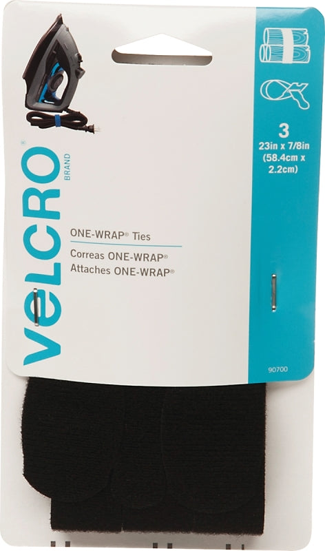 VELCRO Brand One Wrap 90700 Fastener, 7/8 in W, 23 in L, Nylon/Polypropylene, Black